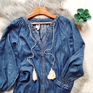 Denim Chambray Embroidered Tassel Boho Dress